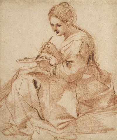 एक महिला पेंटिंग (पेंटिंग का एक रूपक), c.1618 (ऑफ-व्हाइट पेपर पर पेन और भूरे रंग की स्याही से छुआ गया लाल रंग) द्वारा जियोवन्नी फ्रांसेस्को बारबेरि (इल गुसेरिनो)